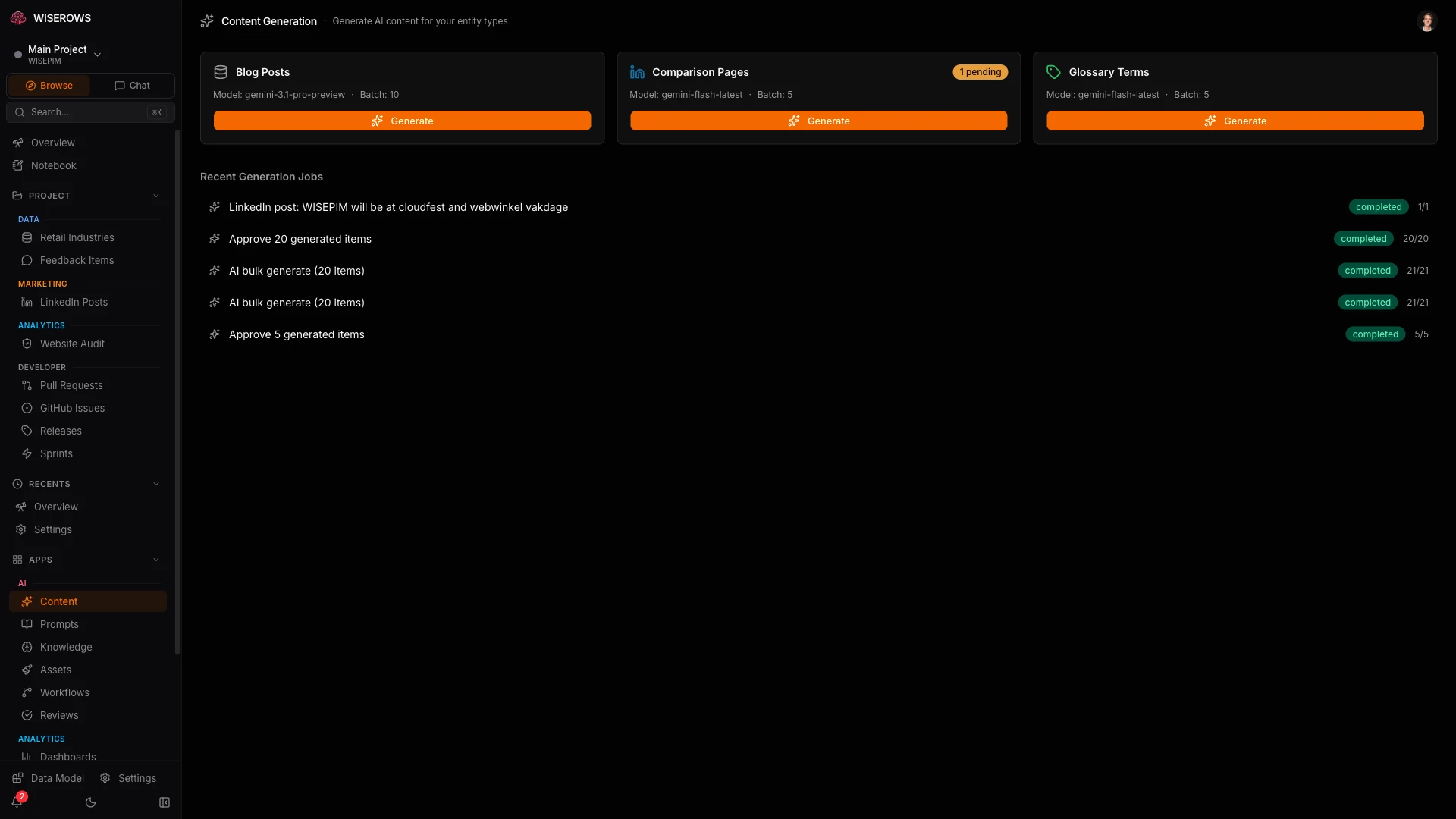 Content generation hub showing entity types with pending draft counts and generation options