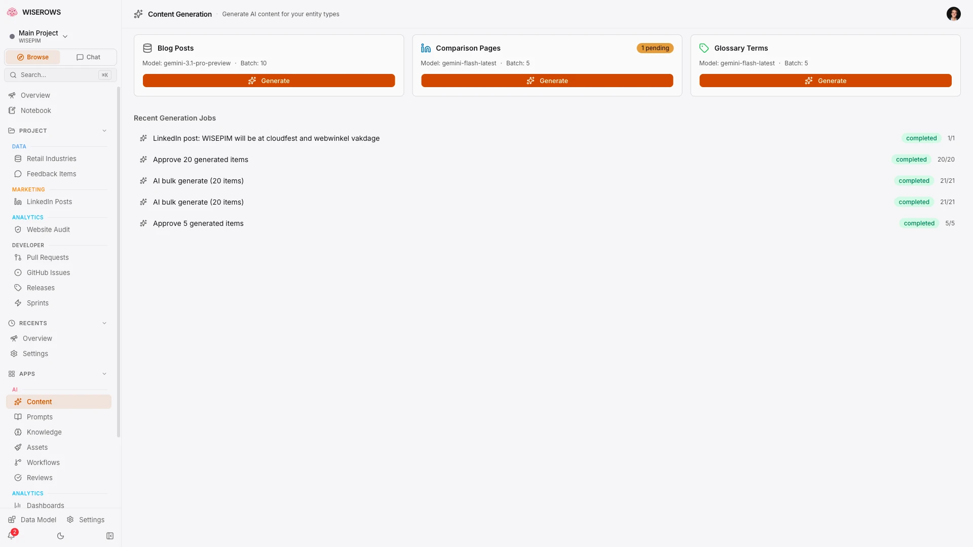 Content generation hub showing entity types with pending draft counts and generation options
