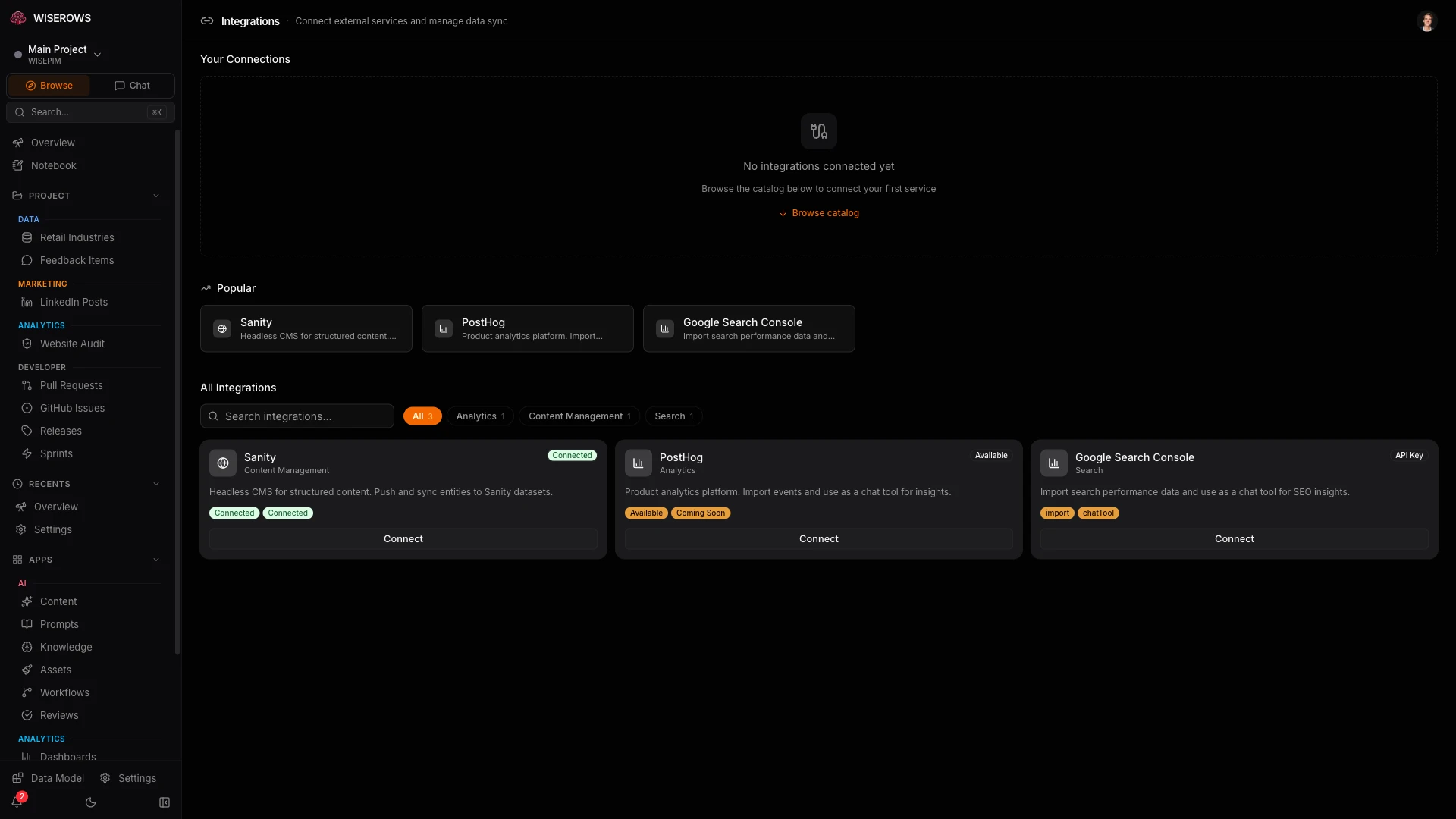 Integration catalog showing connected services with sync status and available integration cards