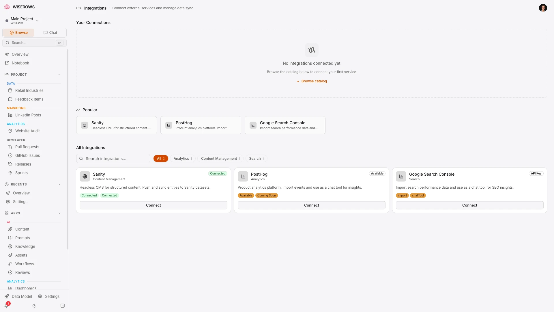 Integration catalog showing connected services with sync status and available integration cards