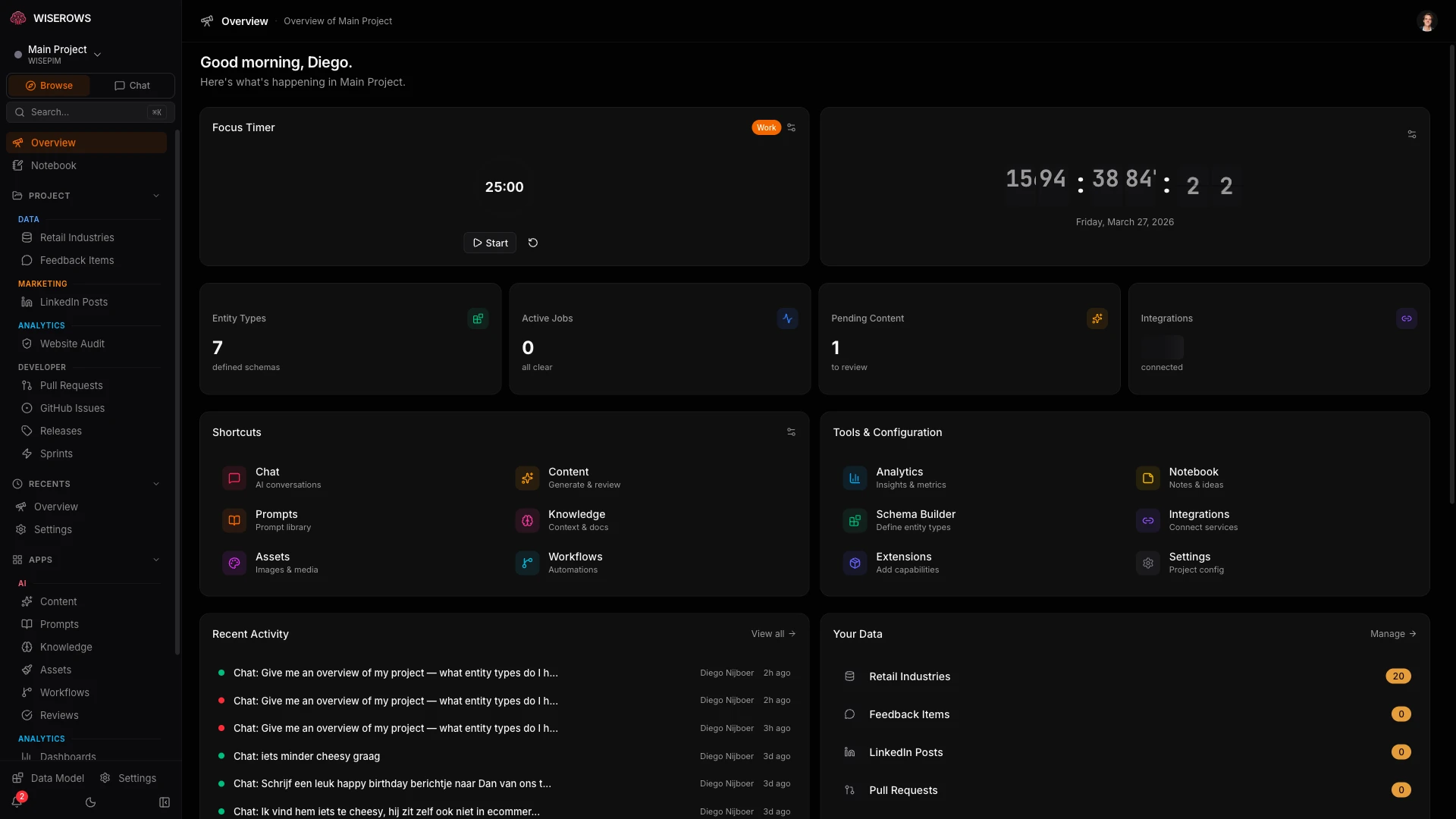 WISEROWS dashboard overview showing project stats, recent activity, and quick actions