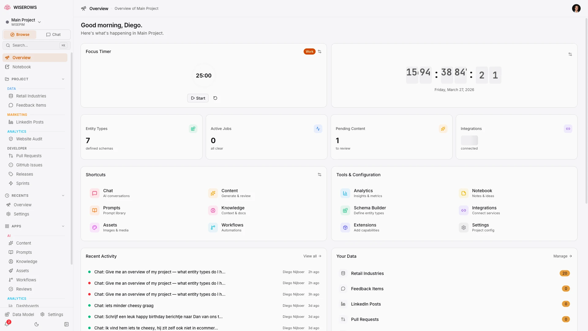 WISEROWS dashboard overview showing project stats, recent activity, and quick actions