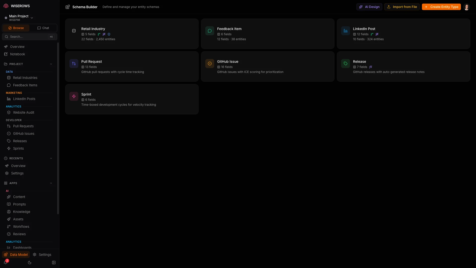 Schema Builder showing entity type cards with field counts, icons, and color-coded categories